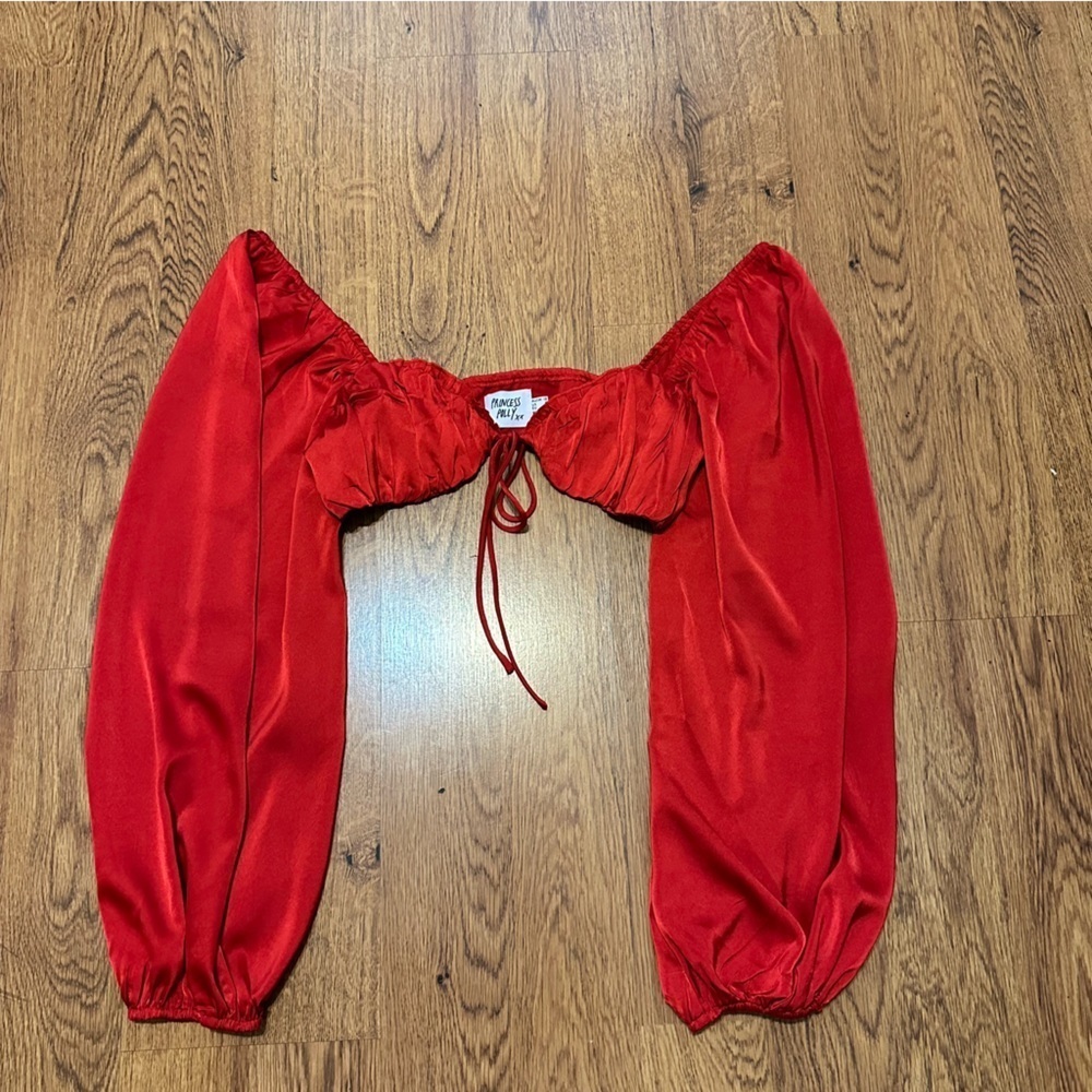 Princess Polly Red long balloon Sleeve crop top blouse front tie sexy size 8